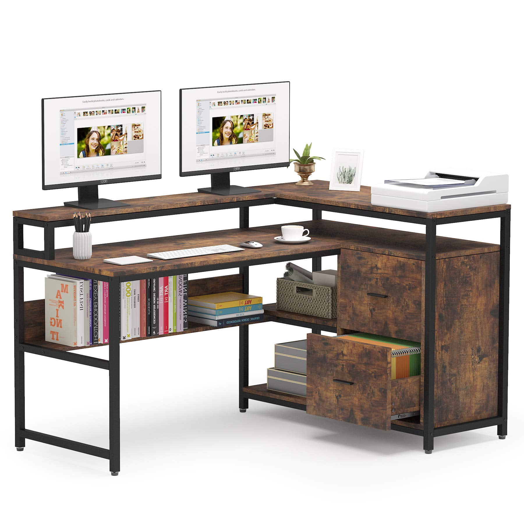 Tribesigns Way to Origin Perry 59 in. L-Shaped Brown Wood 2-Drawer Computer Desk with File Cabinet, Home Office Desk Workstation, Rustic Brown