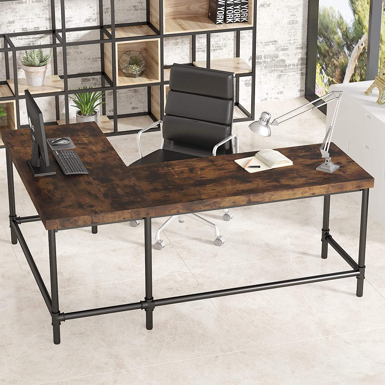 Rustic Brown L-Shaped Industrial Wood Corner Desk