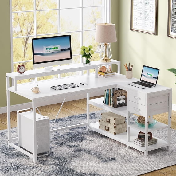 Tribesigns L Shaped Desk with Drawer, Industrial Corner Desk Home Office Table with Storage Shelves and Monitor Stand, Rustic Wooden and Metal PC Desk for Small Space