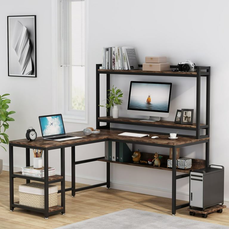 L-Shaped Desk with Hutch, 60 Corner Computer Desk, Home Office Gaming  Table with Storage Shelves, Space-Saving