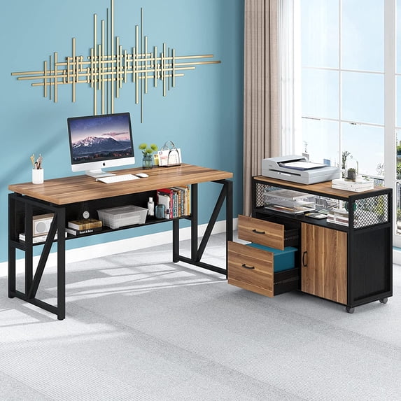 Tribesigns L Shaped Desk with Drawer, 55 inches Executive Desk and lateral File Cabinet, 2 Piece Home Office Furniture with Bookshelf Drawers