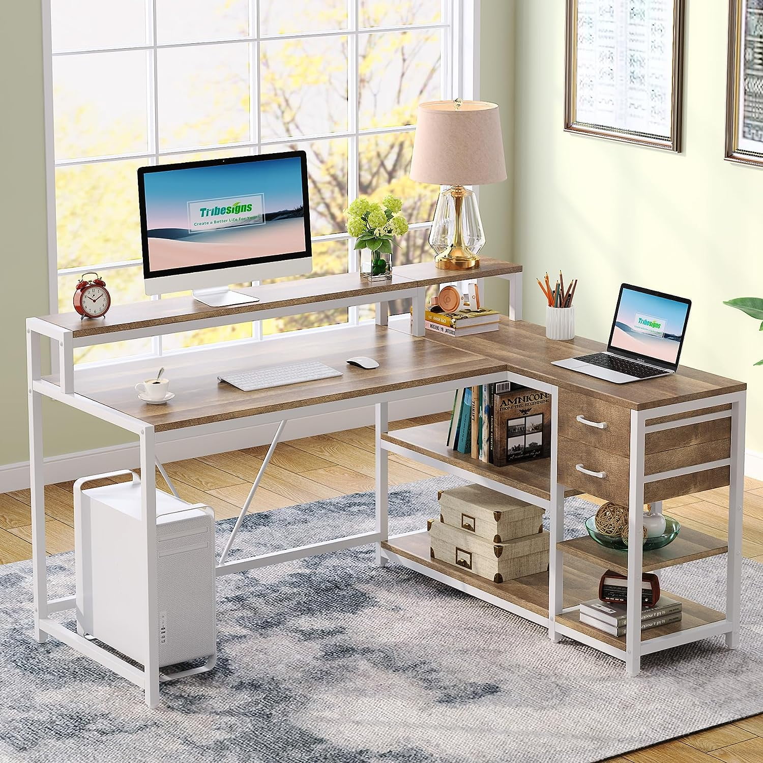 Tribesigns L Shaped Desk with Drawer, Corner Desk Home Office Table, Rustic Wooden and Metal PC Desk, Multicolor