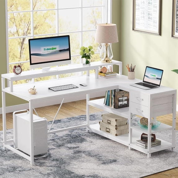 Tribesigns L Shaped Desk with Drawers and Monitor Stand, Reversible Corner Desk with Storage Shelves for Samll Home Office (White)