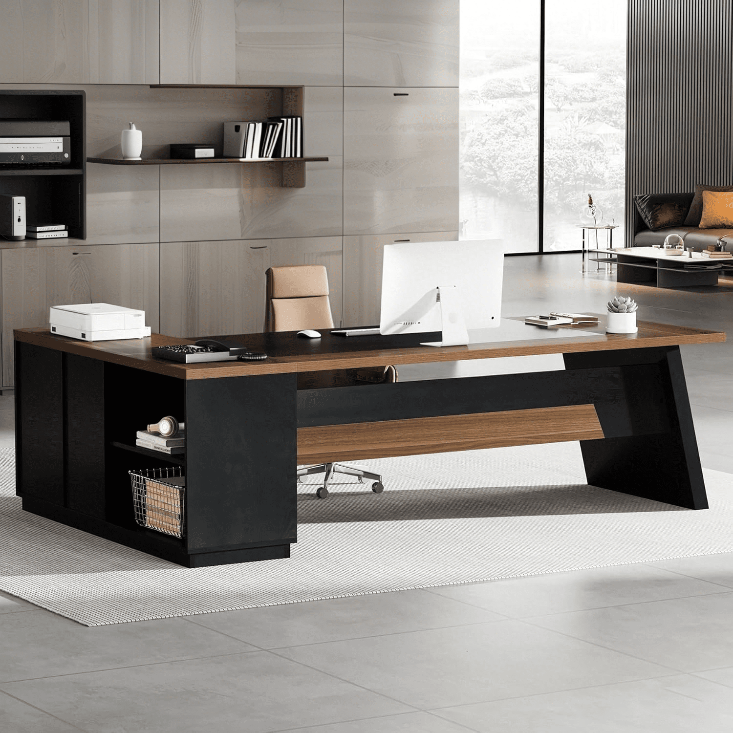 Tribesigns L-Shaped Executive Desk, 78" Modern Office Desk with Drawers and Lateral File Cabinet, Workstation for Home Office (Light Walnut + Black)