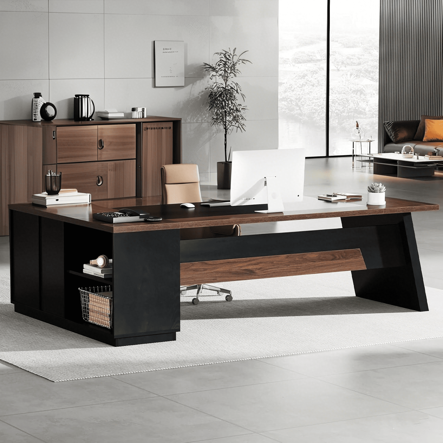 Tribesigns L-Shaped Executive Desk, 78" Modern Office Desk with Drawers and Lateral File Cabinet, Workstation for Home Office (Walnut + Black)