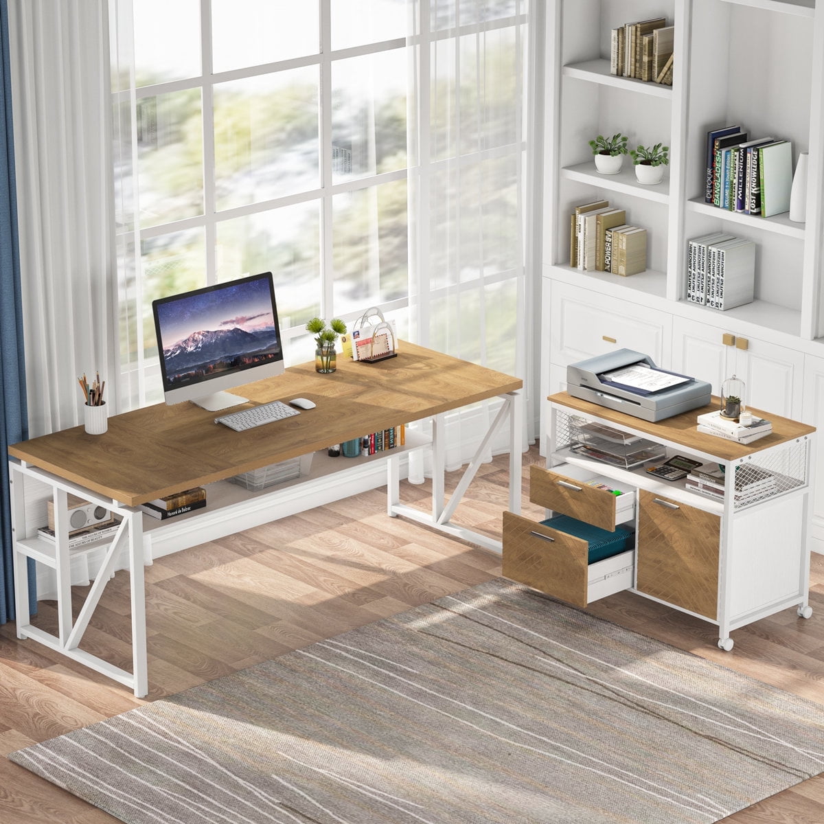 Tribesigns L-Shaped Executive Desk And Lateral File Cabinet (Oak Brown and White）