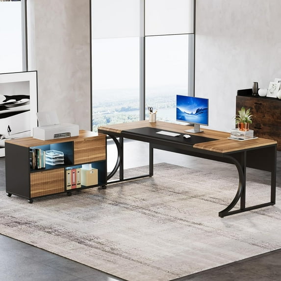 Tribesigns L-Shaped Executive Desk and Mobile 2 Drawer Led Light File Cabinet Combo, 29.5"H, Adult