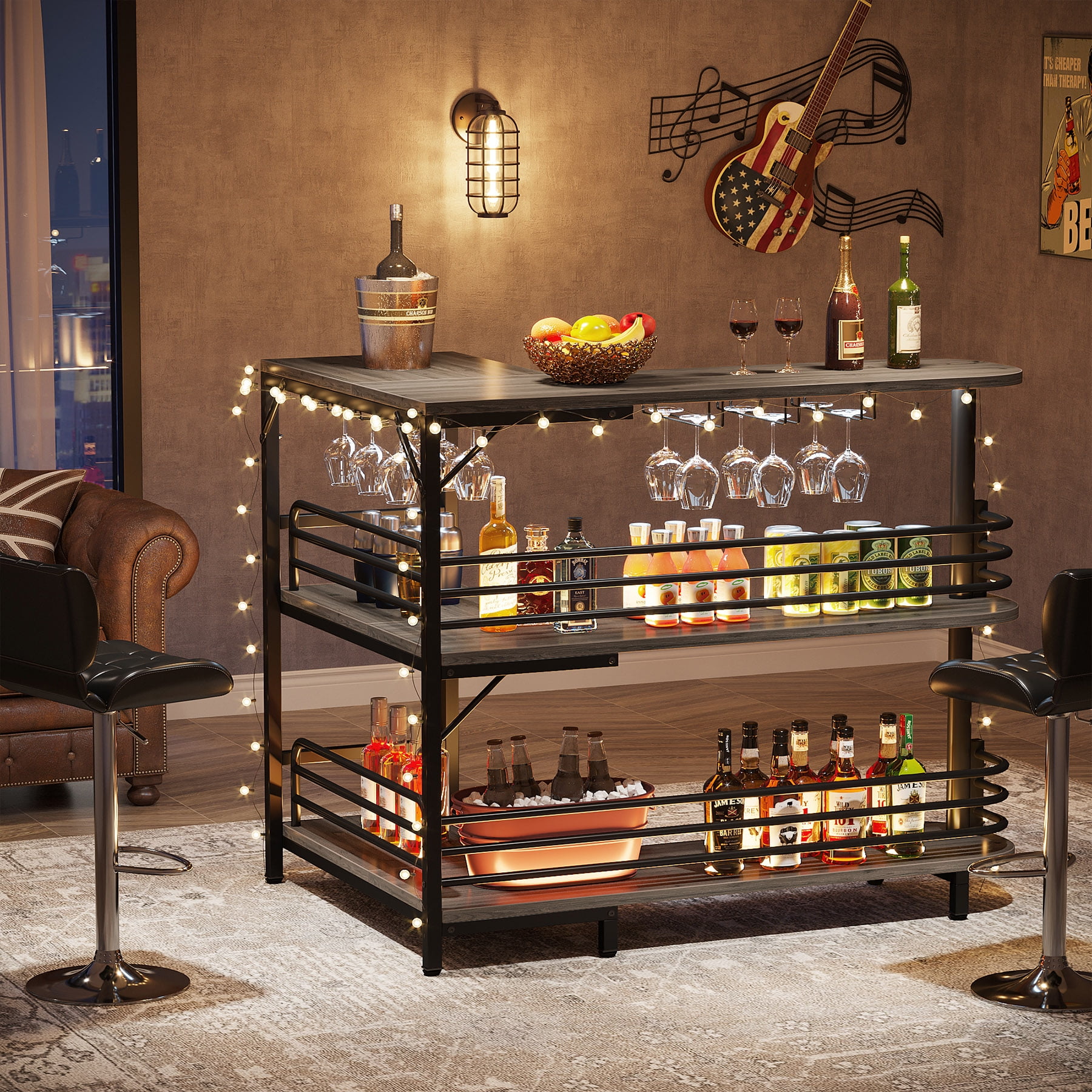 Tribesigns Home Bar Unit, 3 Tier Liquor Bar Table with Stemware Racks and  Wine Storage Shelves, Wine Bar Cabinet Mini Bar for Home Kitchen Pub (Gray)