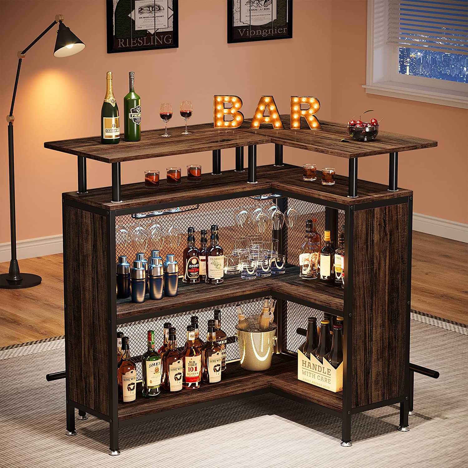 Tribesigns Home Bar Unit, 3Tier Smart Bar Table with Led Lights, Wine