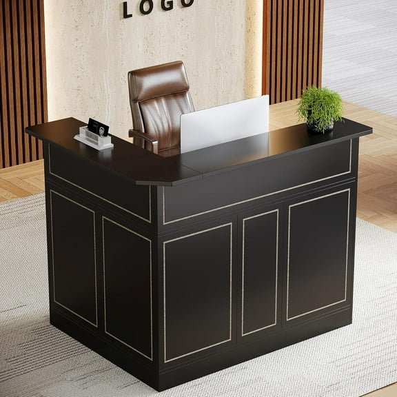 Finmind L-Shaped Reception Desk with Storage Shelves, Modern Front Counter Table for Office, Salon, Checkout Office, Black