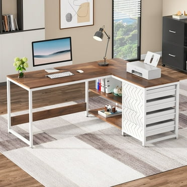 Tribesigns L-shaped Computer Desk, 59 inch Corner Desk with Drawers and Storage Shelves, Reversible Writing Study Table for Home Office, Walnut & White
