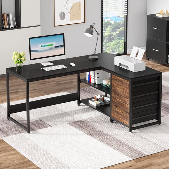 Finmind L-shaped Computer Desk, 59 inch Corner Desk with Drawers and Storage Shelves, Reversible Writing Study Table for Home Office, Black