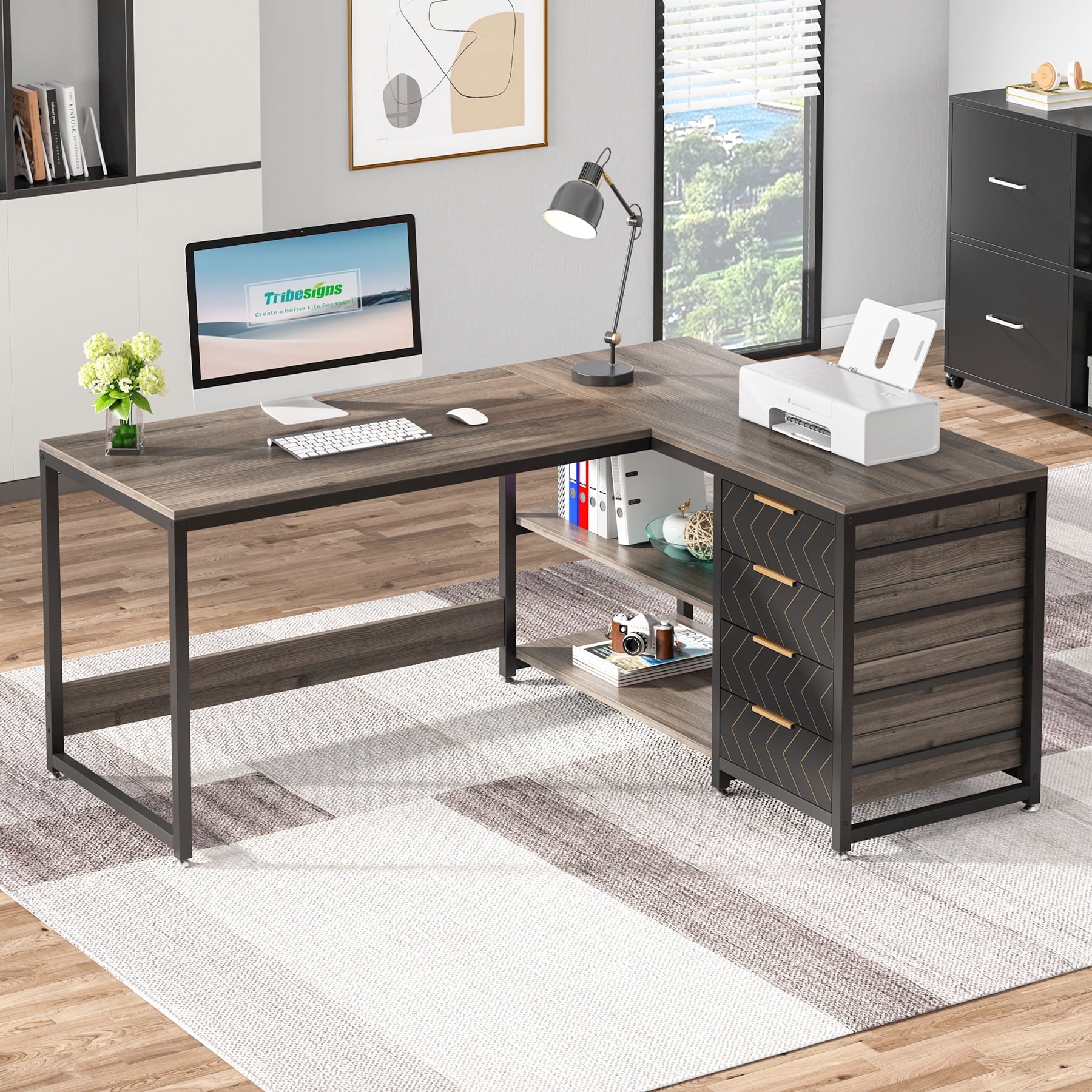 Tribesigns L-shaped Computer Desk, 59 inch Corner Desk with Drawers and Storage Shelves, Reversible Writing Study Table for Home Office, Grey