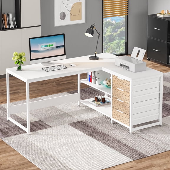 Finmind L-shaped Computer Desk, 59 inch Corner Desk with Drawers and Storage Shelves, Reversible Writing Study Table for Home Office, White