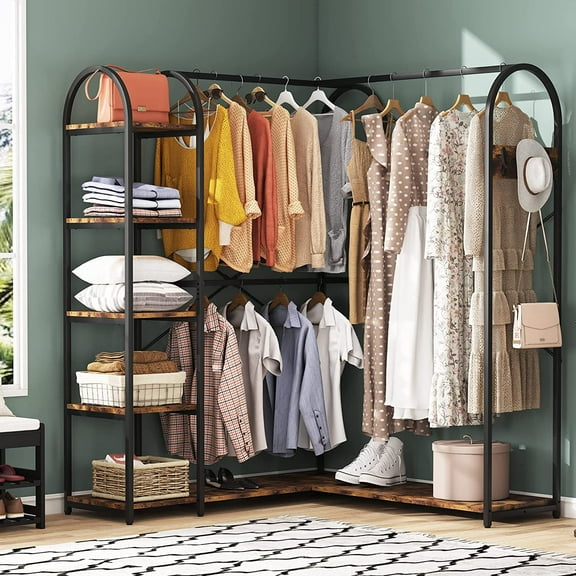 TribeSigns Heavy Duty Clothes Rack 6-Shelf Clothing Storage, Rustic Brown and Black