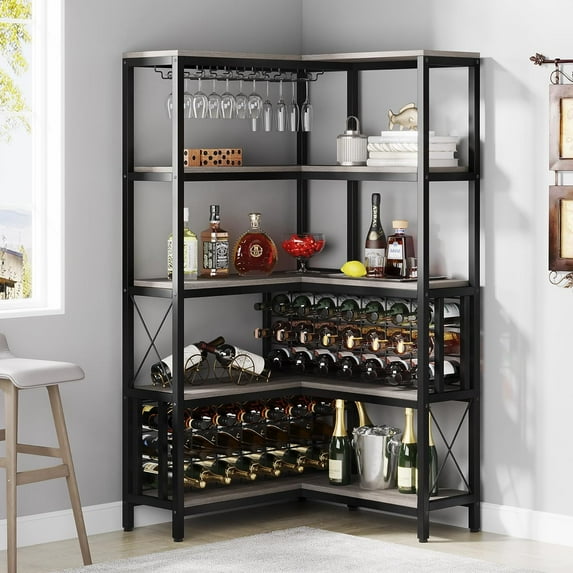 Tribesigns Large Corner Wine Rack, 5-Tier L Shaped Industrial Freestanding Floor Bar Cabinets for Liquor and Glasses Storage, Wooden Wine Bottle Holder Shelf for Home Kitchen (Grey)