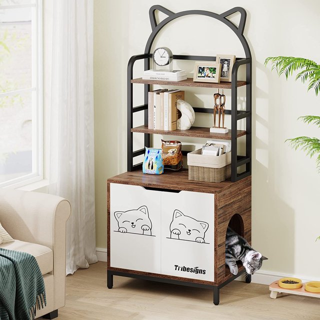 Tribesigns Large Hidden Litter Cat Box Enclosure with 2 Shelves and Door, Indoor Cat Box/House
