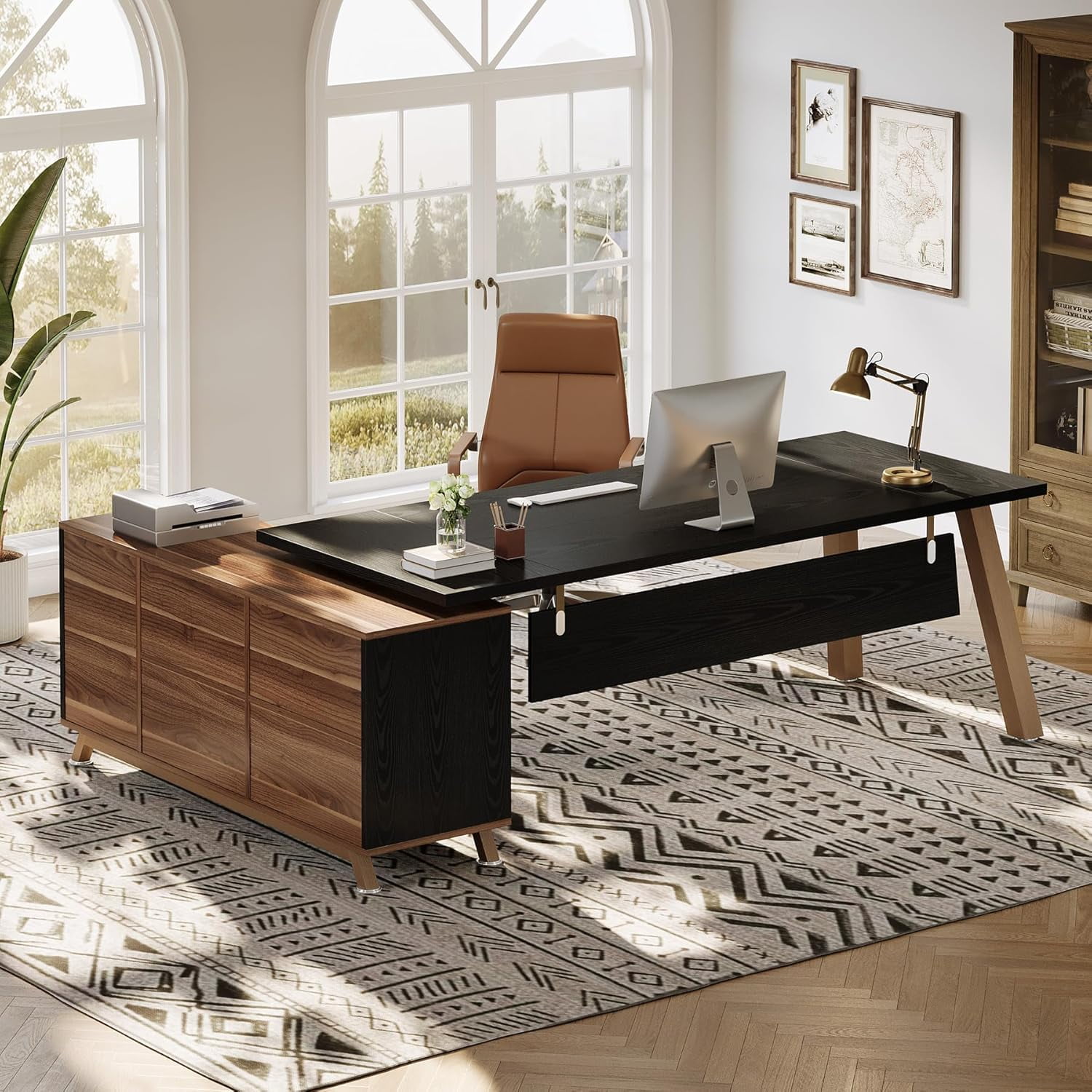 Tribesigns Large L-Shaped Desk, Modern Executive Office Desk with Drawers, 78.7 Inch Computer Desk with Cabinet for Home Office,Black & Walnut