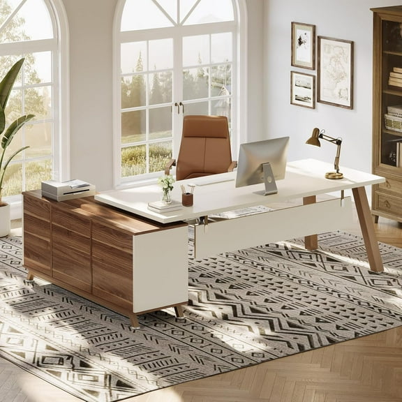 Tribesigns Large L-Shaped Desk, Modern Executive Office Desk with Drawers, 78.7 Inch Computer Desk with Cabinet for Home Office,White & Walnut