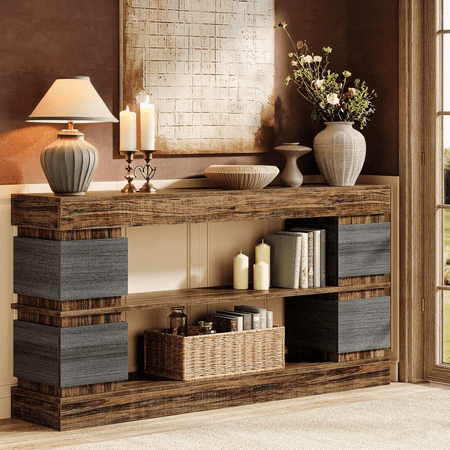 Tribesigns Long Console Table with Storage, 63" Wood Entryway Table, 3-Tier Farmhouse Table with 4 Compartments for Entrance, Living Room, Rustic Brown