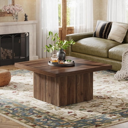 Finmind 31.5" Square Coffee Table, Mid-Century Coffee Table Cocktail Table for Living Room, Vintage Brown