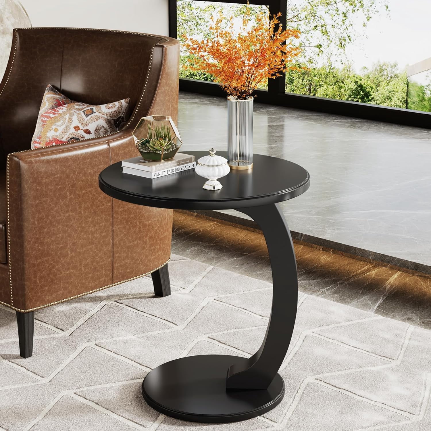 Tribesigns Mid-Century C-Shaped End Table, Solid Wood Round Side Table ...