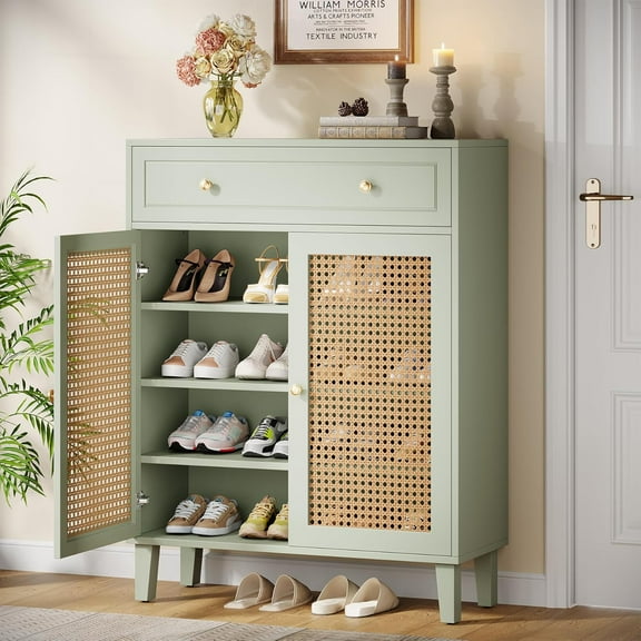 Tribesigns Mint Green 6-Tier Shoe Cabinet with Doors, Modern Rattan Shoe Organizer with Drawer, Storage Cabinet with Adjustable Shelf