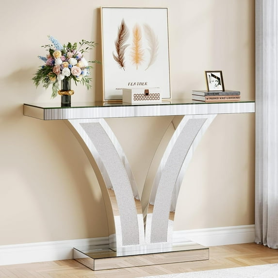 Tribesigns Mirrored Console Table, Modern Silver Entryway Sofa Table with Crystal Inlay Frames, Brown