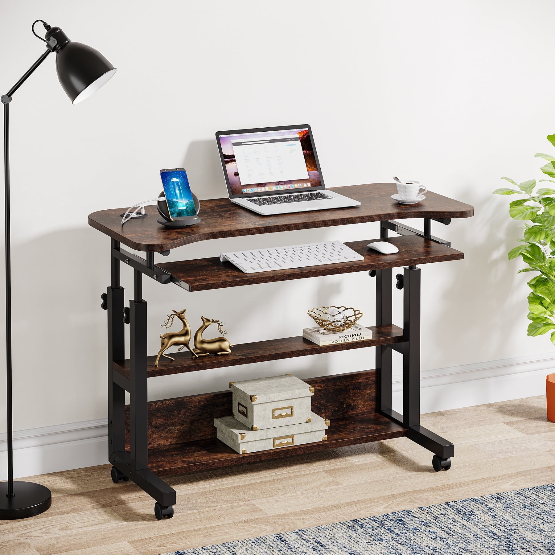 Tribesigns Mobile Computer Desk, Portable Adjustable Height Desk with Power Outlets and Storage Shelves for Home Office, Brown