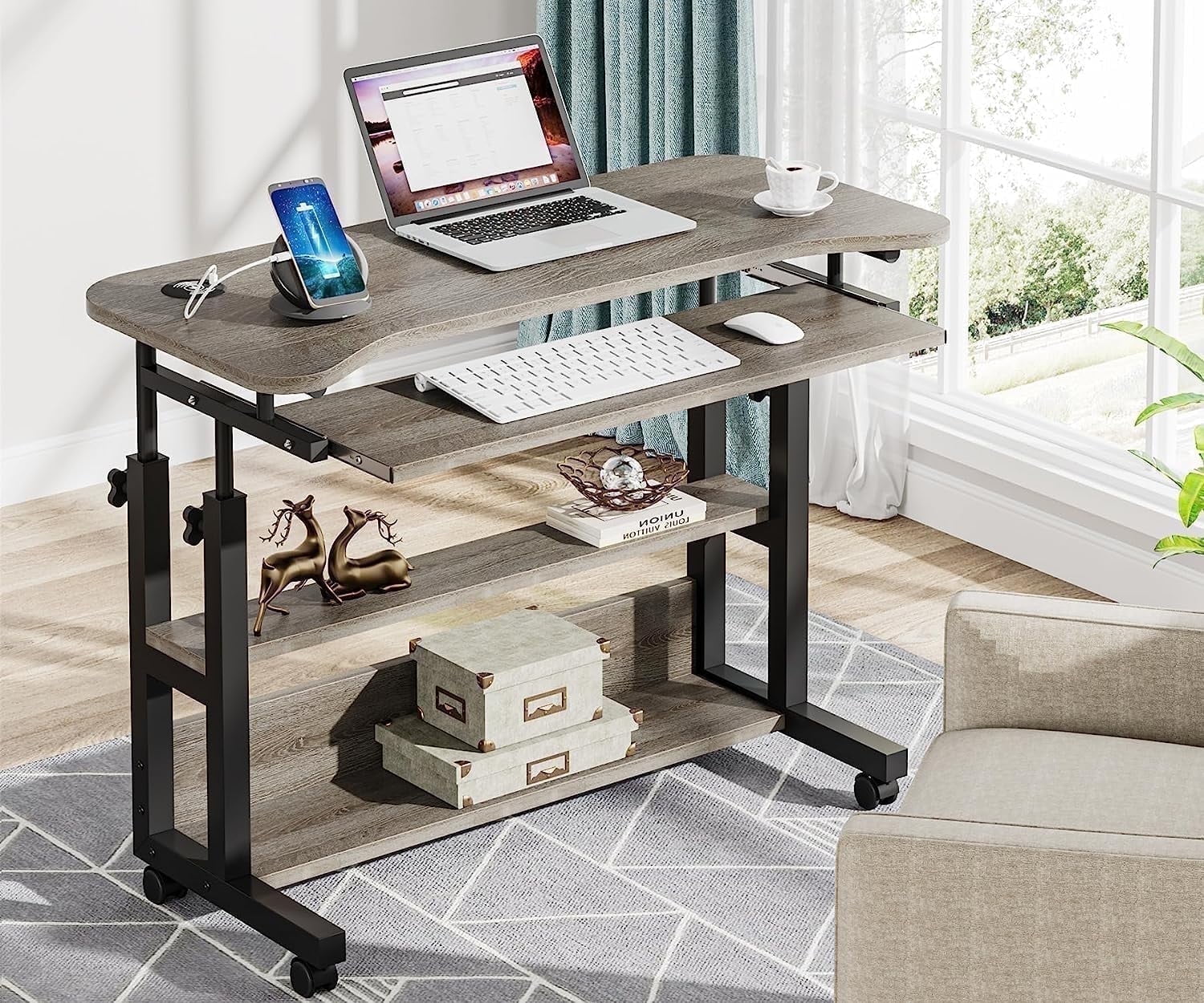 Tribesigns Mobile Computer Desk, Portable Adjustable Height Desk with Power Outlets and Storage Shelves for Home Office, Gray