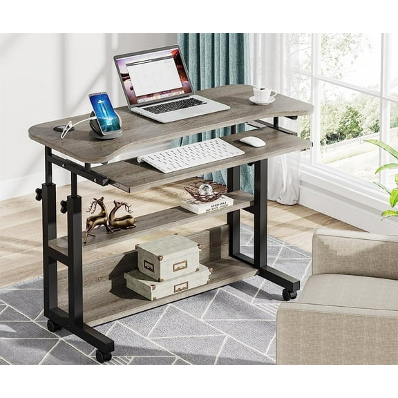 Tribesigns Mobile Computer Desk, Portable Adjustable Height Desk with Power Outlets and Storage Shelves for Home Office, Gray