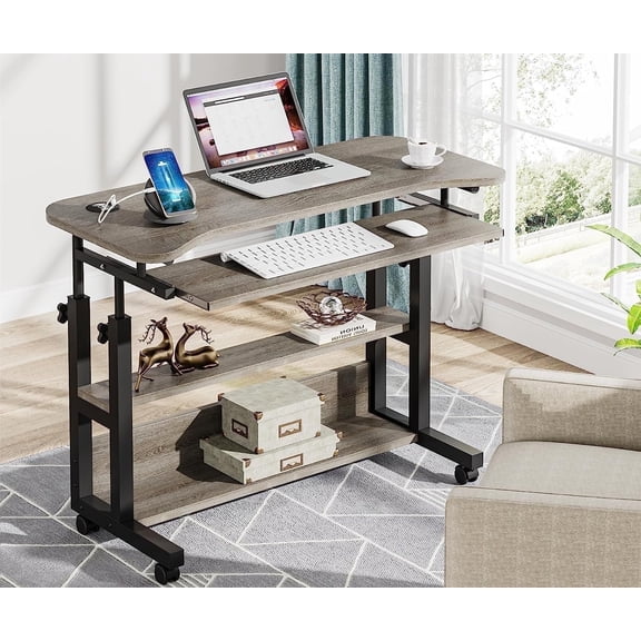 Finmind Mobile Computer Desk, Portable Adjustable Height Desk with Power Outlets and Storage Shelves for Home Office, Gray
