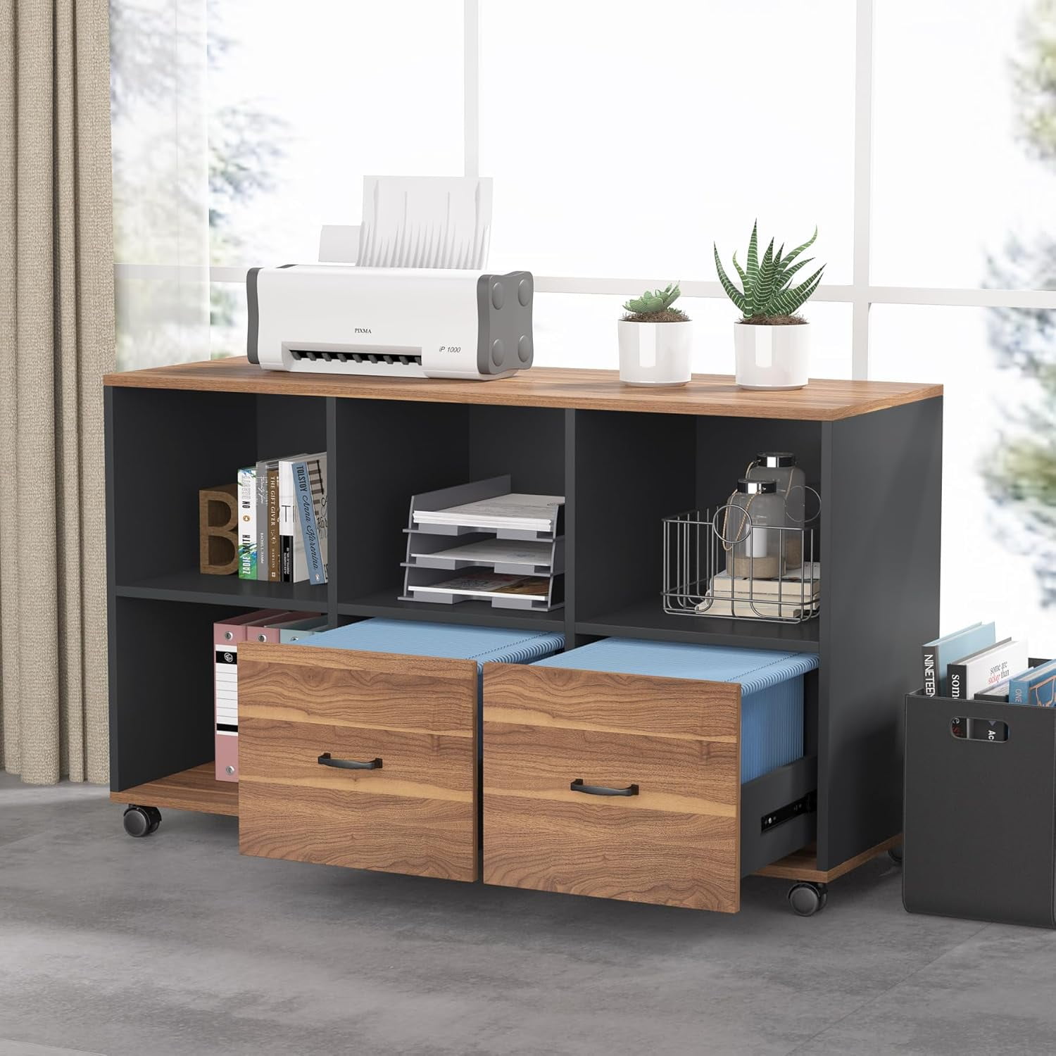 Tribesigns Mobile Lateral File Cabinets with 2 Drawers and 4 Storage Cubes (Brown and Black)