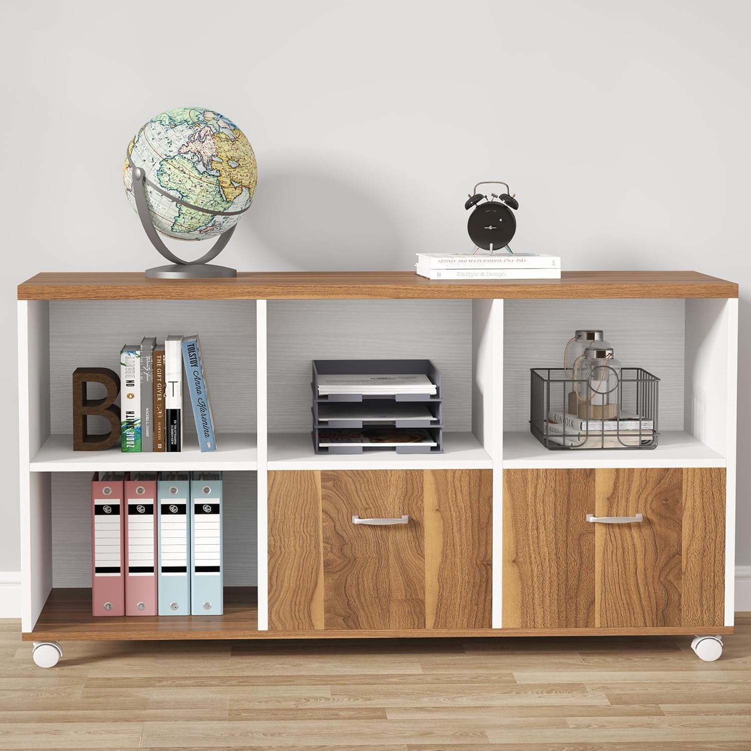 Tribesigns Mobile Lateral File Cabinets with 2 Drawers and 4 Storage Cubes (Brown and White)
