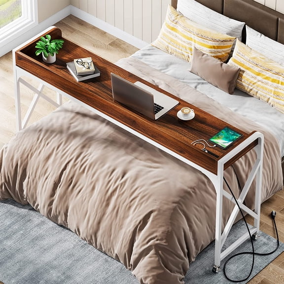 Tribesigns Mobile Over Bed Desk with Outlet, USB & Wheels, Dark Walnut and White