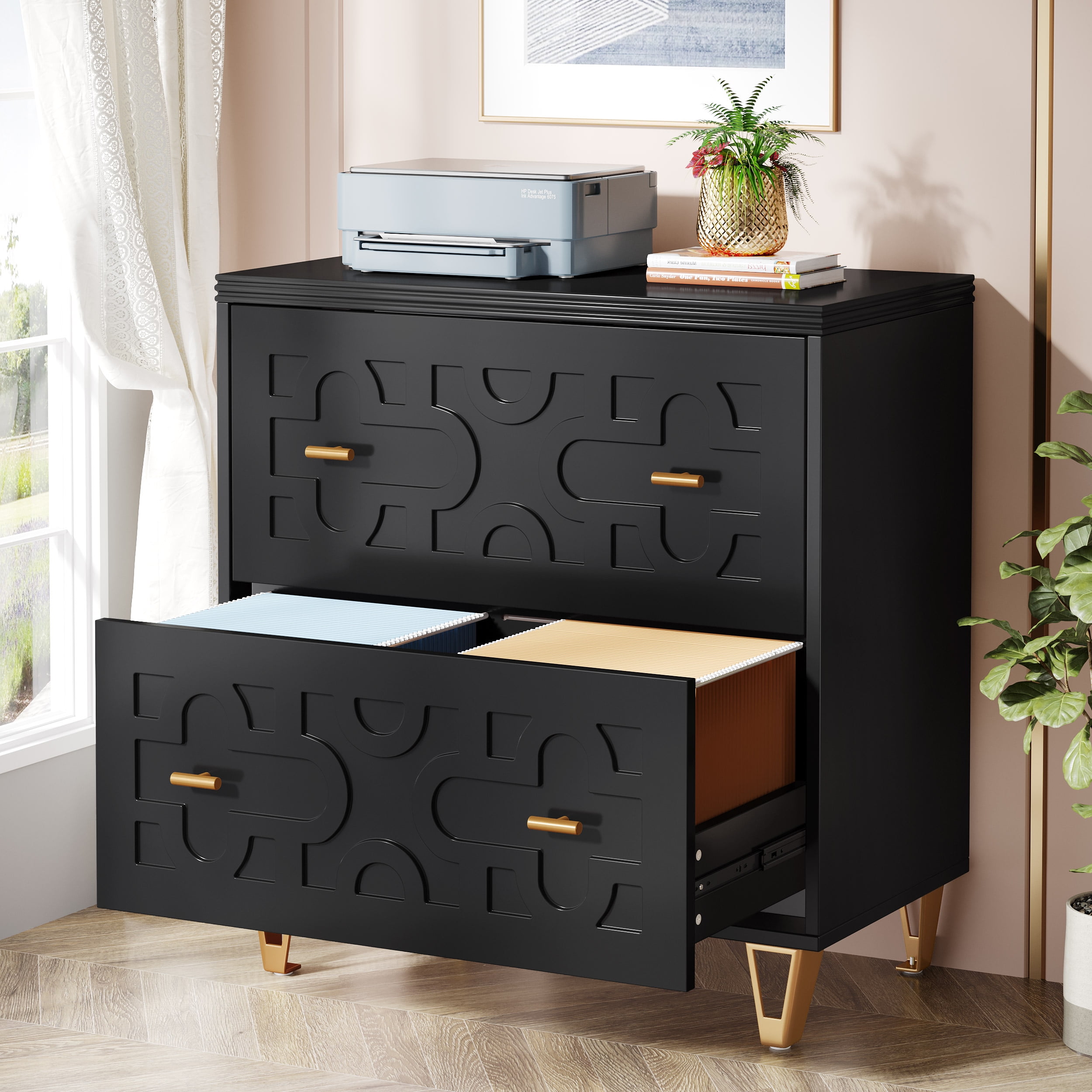 Tribesigns modern 2 drawer lateral file cabinet black office filing