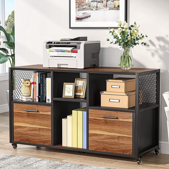 Finmind Modern 2 Drawers File Cabinet, Mobile Lateral Filing Cabinet with Open Storage Shelves for Home Office, Rustic Walnut