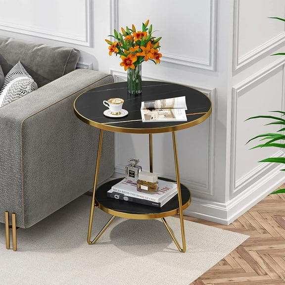 Tribesigns Modern 2-Tier Round End Table, Small Faux Marble Side Table with Shelves and Metal Legs for Living Room, Bedroom, Black & Gold