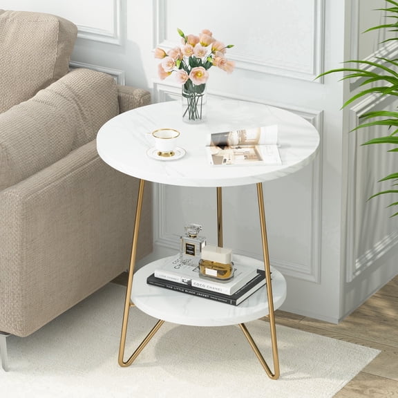 Finmind Modern 2-Tier Round End Table, Small Faux Marble Side Table with Shelves and Metal Legs for Living Room, Bedroom, White & Gold