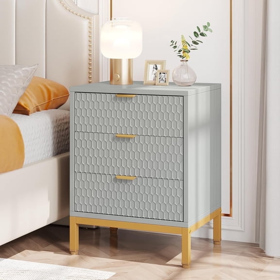 Finmind Modern Nightstand with 3 Drawer, 25.8" Small Bedside Table with Storage Drawers and Gold Legs for Bedroom, Grey