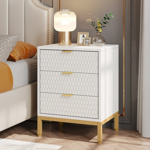 Tribesigns Modern 3-Drawer Nightstand, 25.8" Small Bedside Table with Storage Drawers and Gold Legs for Bedroom, White