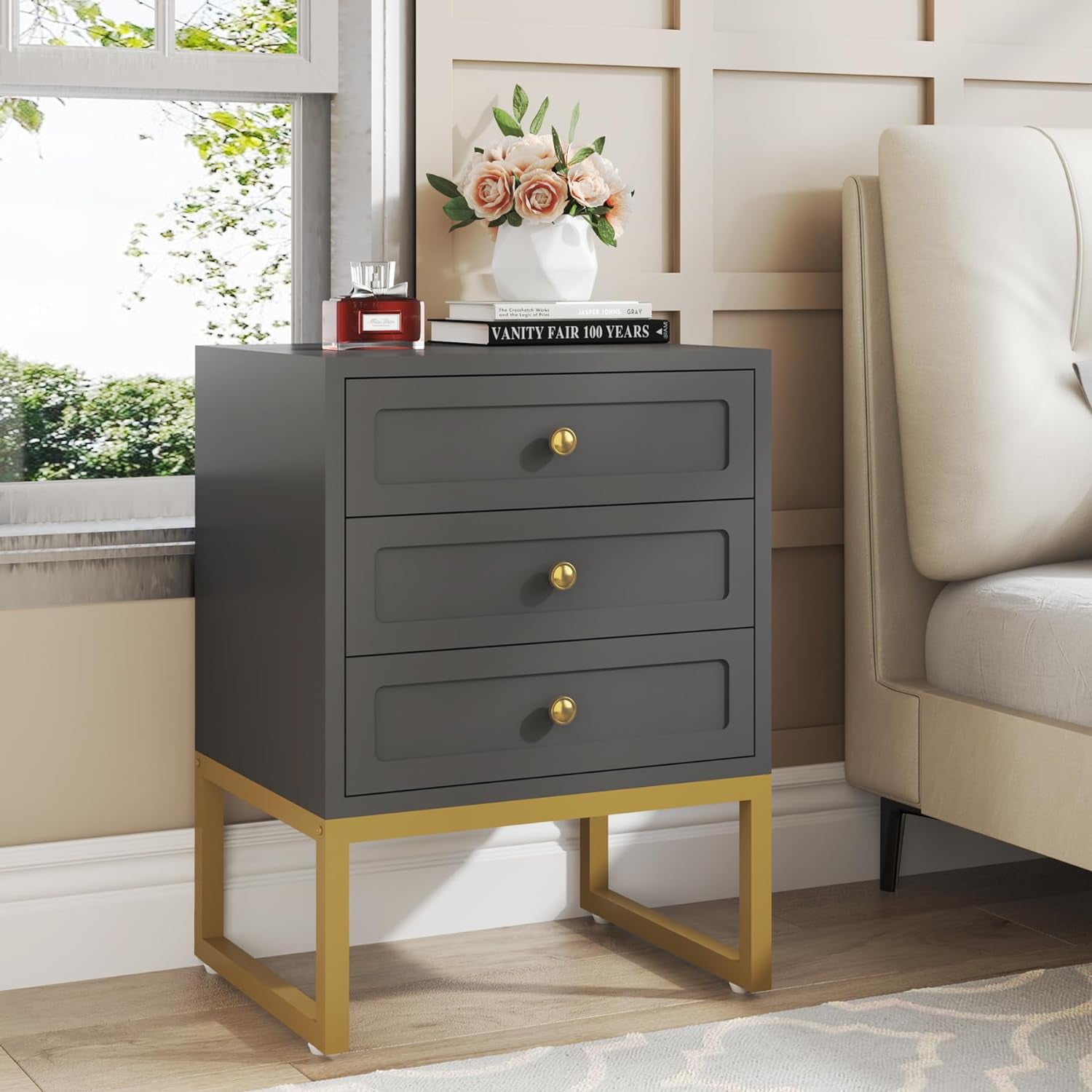 Tribesigns Modern 3Drawer Nightstand, Tall Side Table with Gold Metal