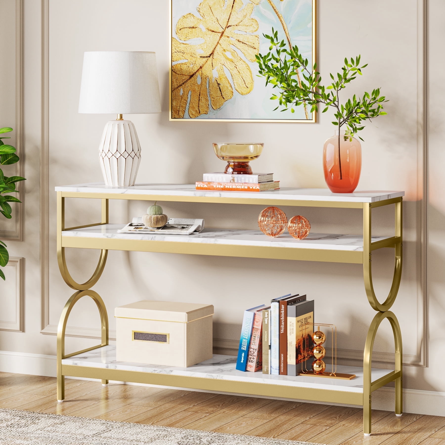 Tribesigns Modern 3 Tiers Console Table, 55 inch Faux Marble Sofa Entryway Tables with Storage Shelves for Living Room, Hallway and Foyer, White & Gold