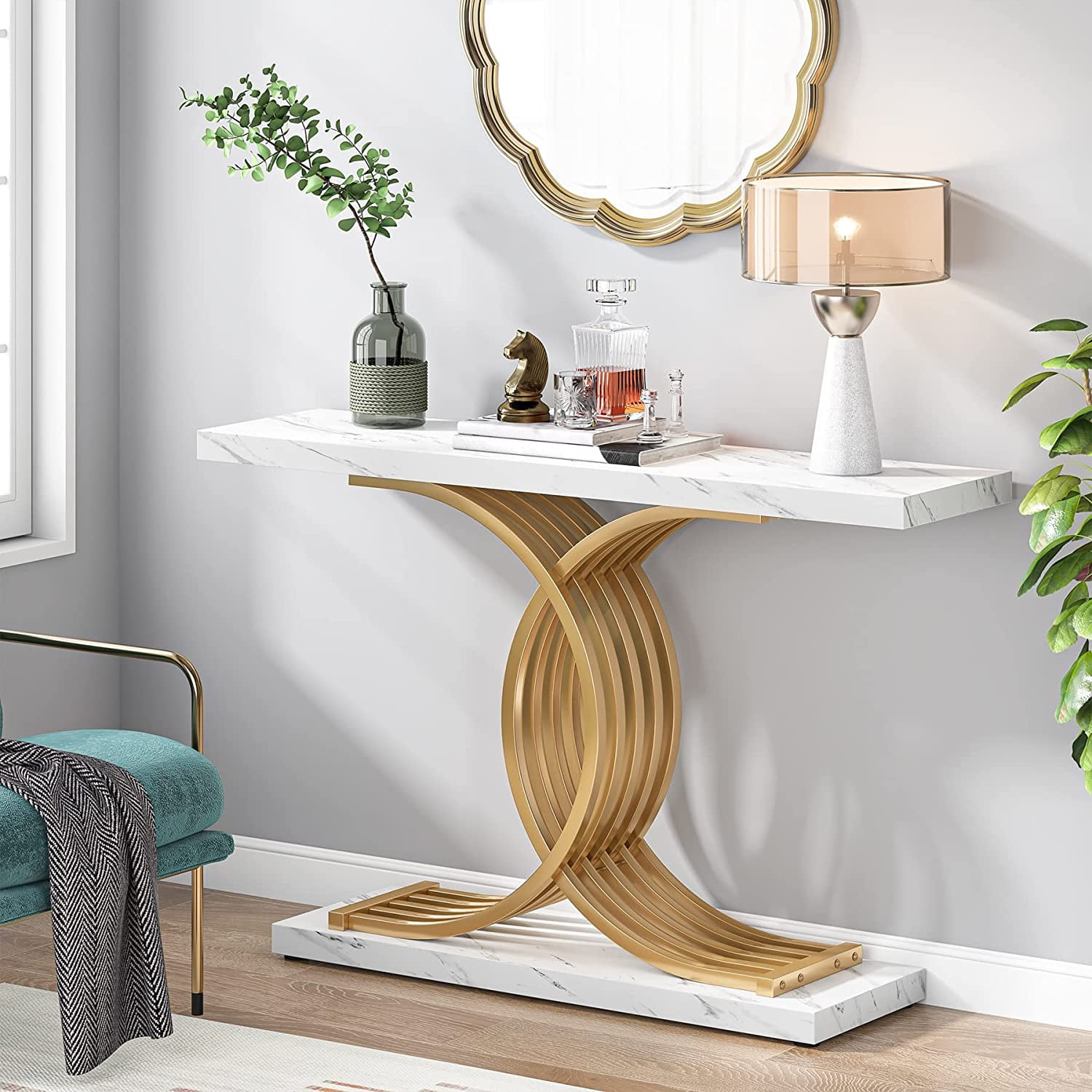 Tribesigns Modern 39 Console Accent Table with Geometric Metal Legs Gold Entryway Table Faux Marble Narrow Wood Sofa Foyer Table for Entrance