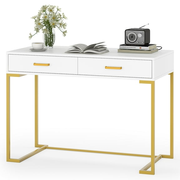 Tribesigns Modern 40" Makeup Dresser or Home Office Computer Laptop Writing Desk with Two Storage Drawers, White Top and Gold Metal Frame