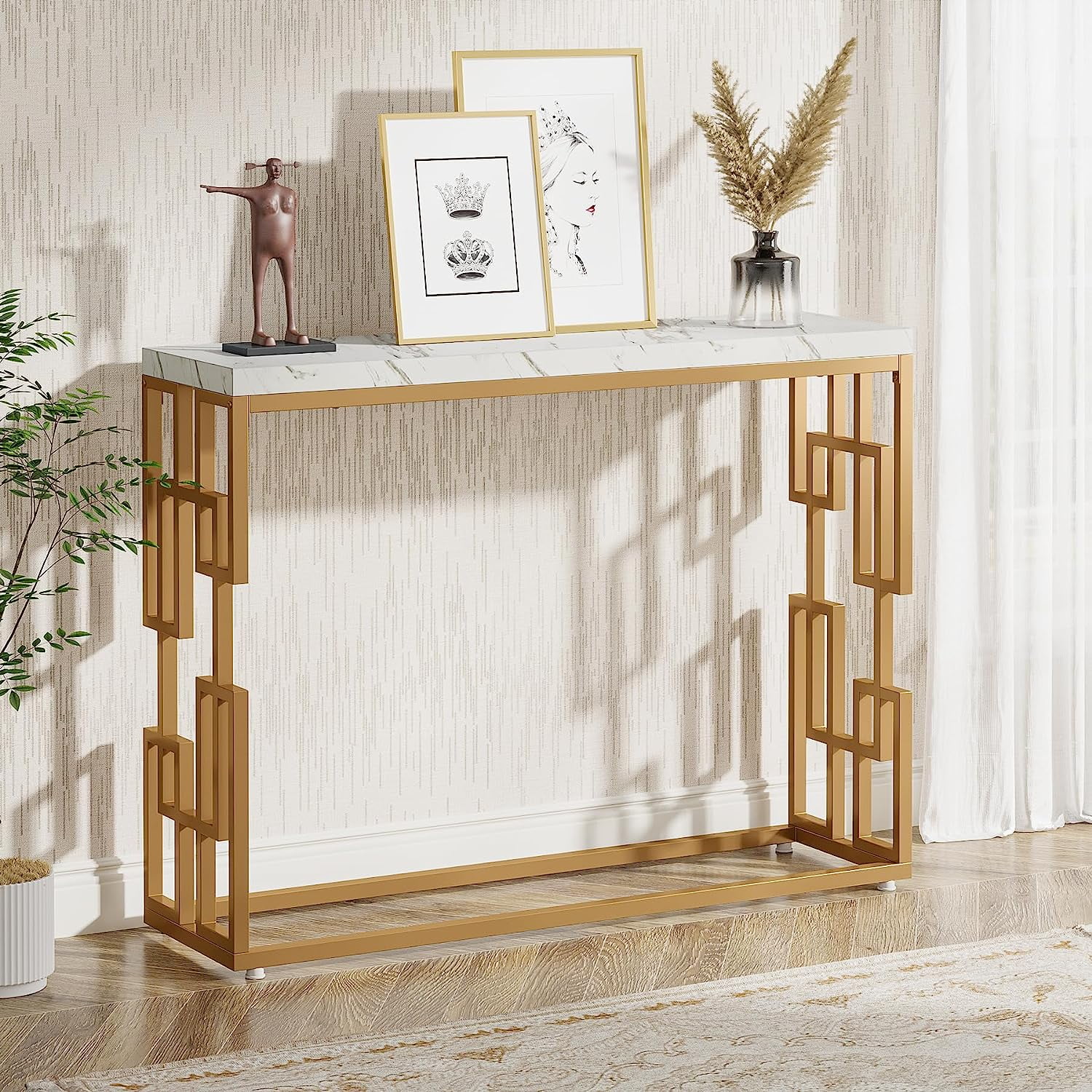 Modern Gold Console Table with White Faux Marble Top