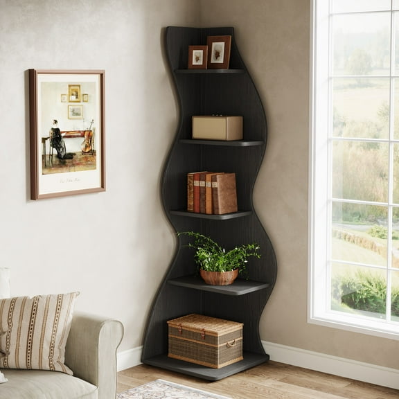 Tribesigns 5-Tier Wavy Corner Bookshelf – Modern Curved Display Shelf for Plants, Books & Décor (Black)