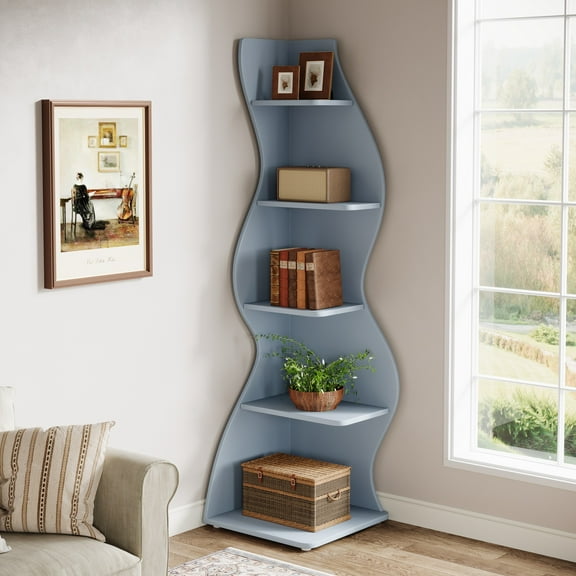 Tribesigns 5-Tier Wavy Corner Bookshelf – Modern Curved Display Shelf for Plants, Books & Décor (Blue)