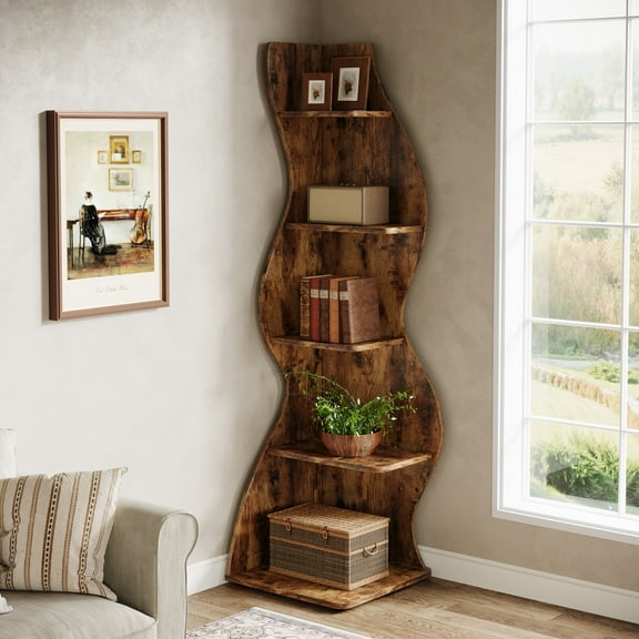 Tribesigns 5-Tier Wavy Corner Bookshelf – Modern Curved Display Shelf for Plants, Books & Décor (Brown)
