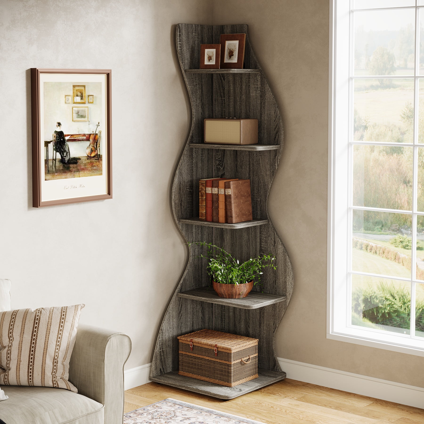 Tribesigns 5-Tier Wavy Corner Bookshelf – Modern Curved Display